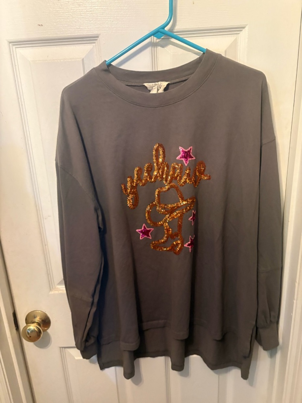 Fantastic Fawn Grey Sweatshirt with Gold and Pink Sequin Graphic
